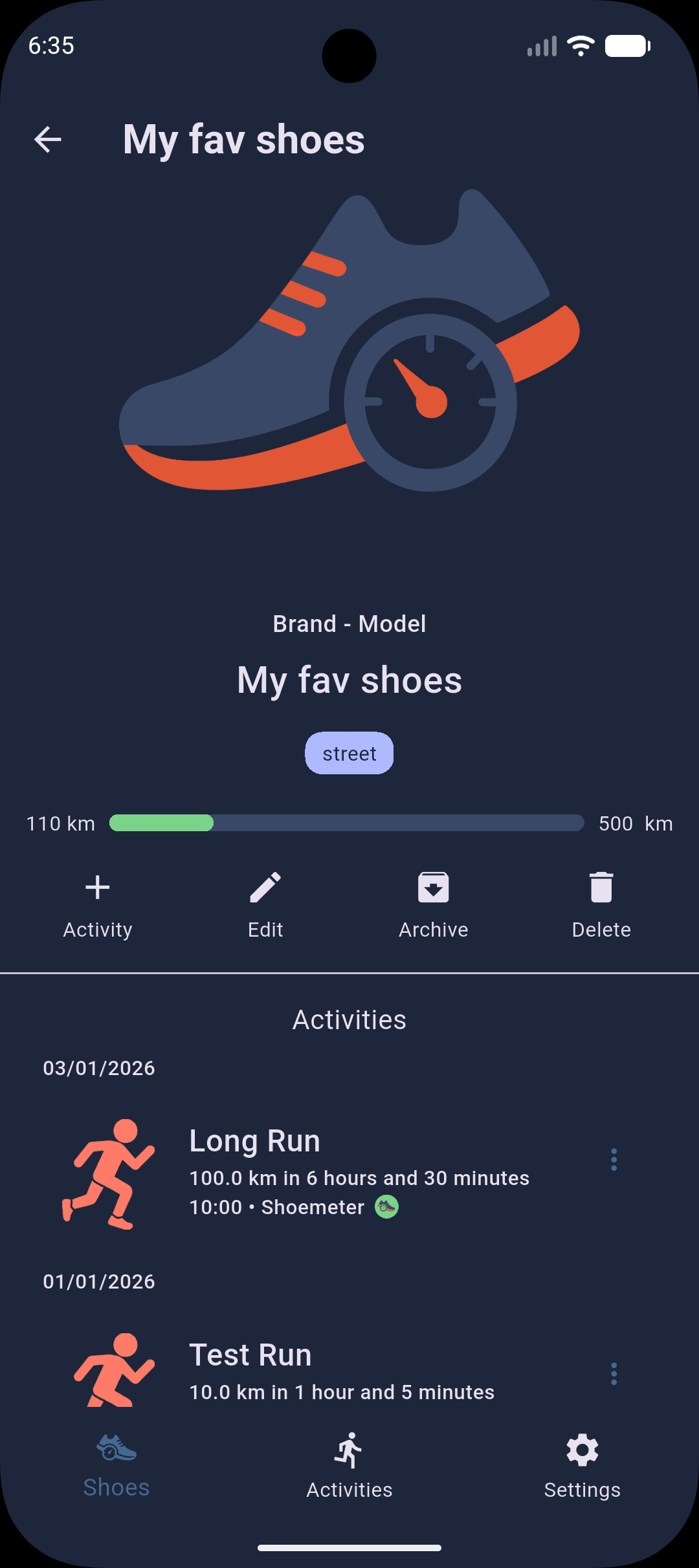 Shoemeter shoe detail screen