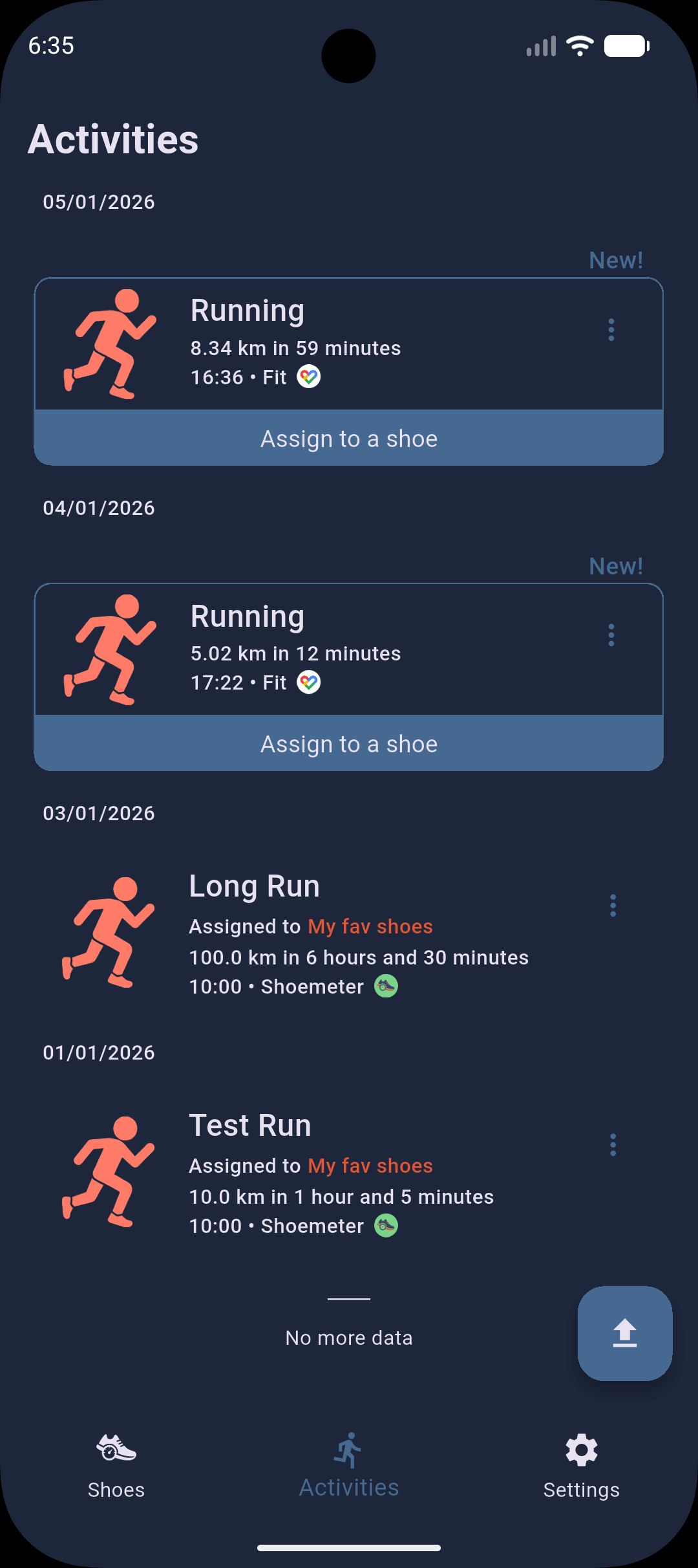 Shoemeter activities screen
